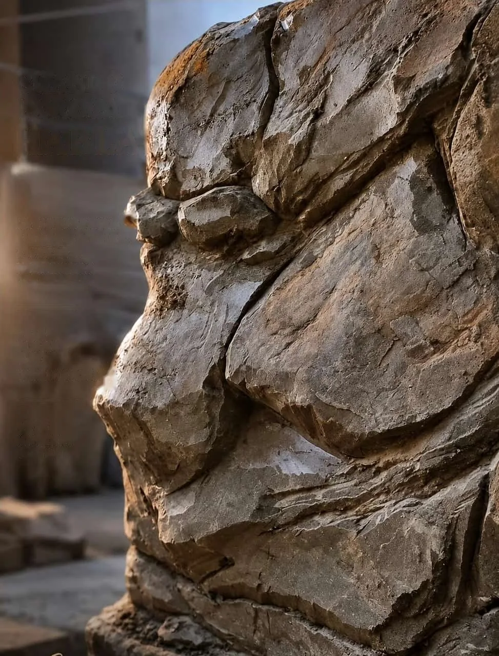 Roca de piedra esculpida con forma de rostro, iluminada por la luz de la tarde